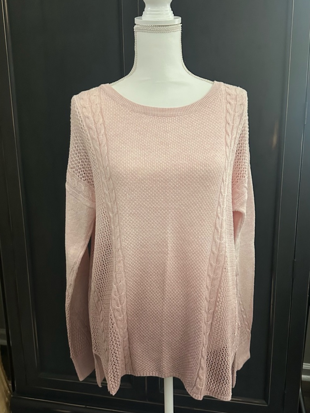 American Eagle Outfitters Light Pink Cable & Open-Knit Crew Sweater